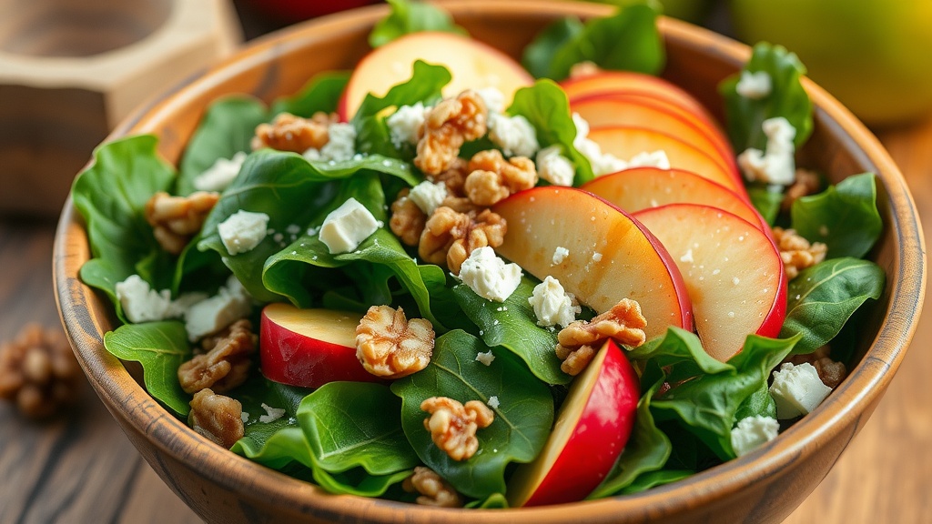 Crisp and Nutty Apple Walnut Salad Recipe A colorful Apple Walnut Salad with mixed greens, apple slices, walnuts, and feta cheese.